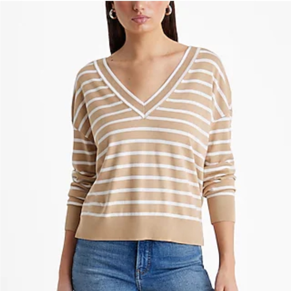 Express Reversible Striped Silky Soft V-Neck Sweater XS Neutral Tan